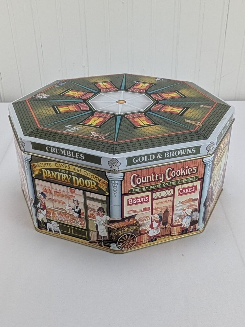 Arcade Bakery Metal Tin Storage Container Town Scene Octagon Silver Crane Co